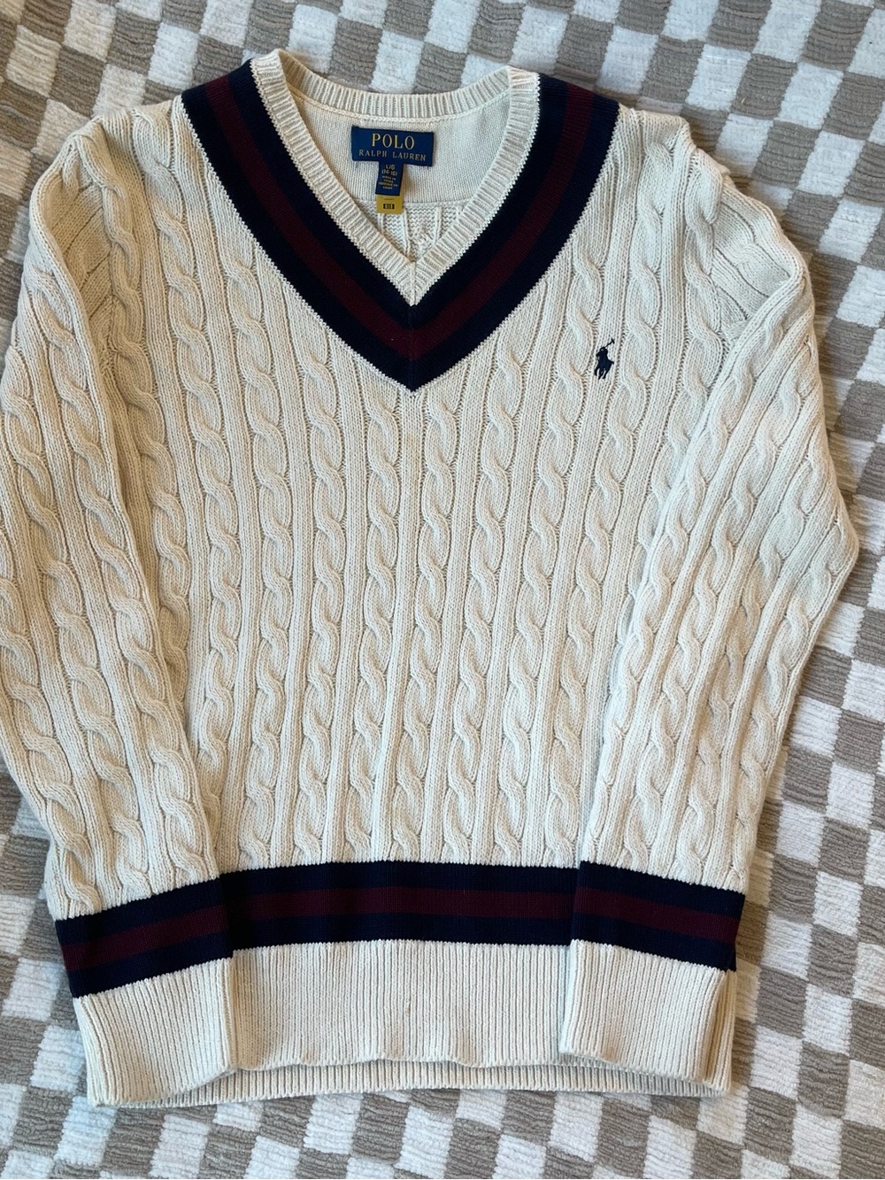 Ralph Lauren Polo Iconic Cricket Boys Cream Cable-Knit V-Neck Sweater